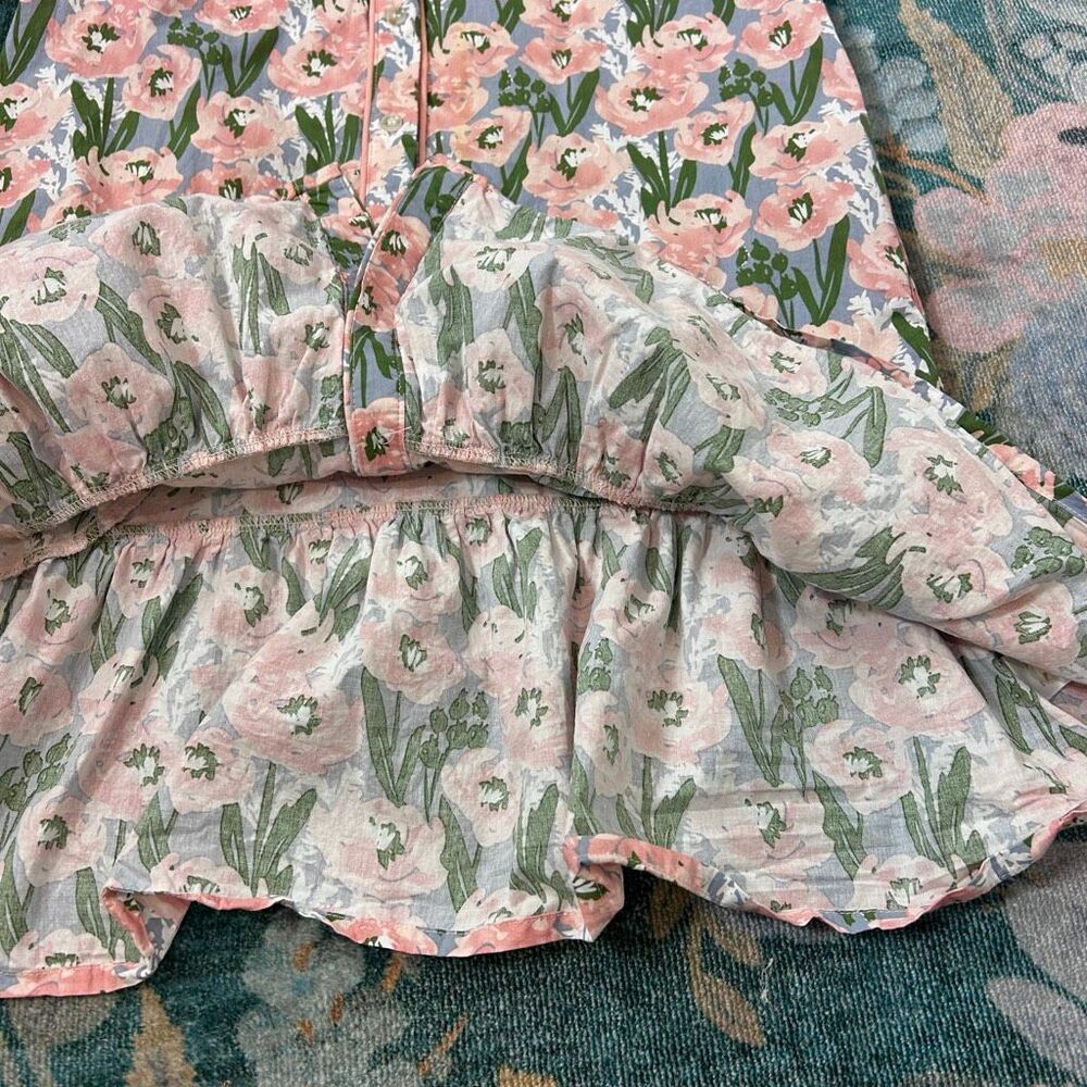 Jodifl Mini Dress Women Medium Pink Green Blue Floral Ric Rac Ruffle Button Down - Picture 14 of 16